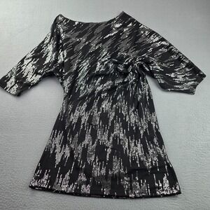 Snap Sequin Tunic Top Womens Medium Black Stretch Boat Neck Pullover Half Sleeve